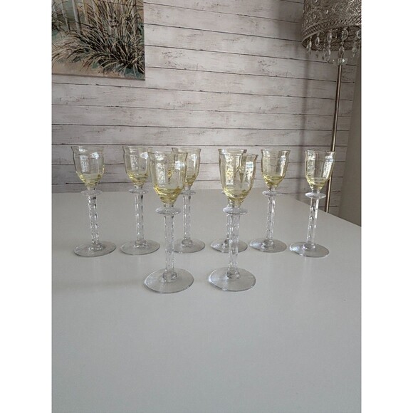 Tiffin Franciscan Cadena Cordial Glass Etch Floral Mandarin Yellow - Set of 8 - Picture 1 of 13